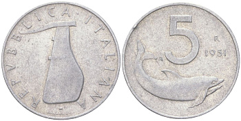 Италия 5 лир 1951 R, плуг, дельфин KM 92 алюминий 4613-842