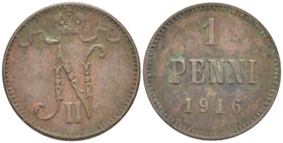 РОССИЯ ДЛЯ ФИНЛЯНДИИ 1 ПЕННИ 1916 НИКОЛАЙ II (1895-1917) KM 13, Биткин 476 медь 211-1039