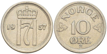 НОРВЕГИЯ 10 ЭРЕ 1957 ХОКОН VII (1905-1957) KM 396 медно-никель 4516-764
