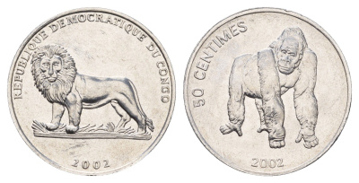 ДР Конго 50 сантимов 2002 Животные - Горилла KM 79 алюминий UNC 4678-125