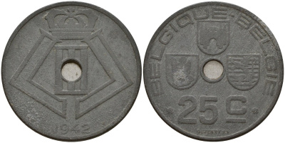 Бельгия 25 сантимов 1942 Belgique - Belgie, Леопольд III (1934-1947), германская оккупация, Вторая мировая война KM 131 цинк 4157-436