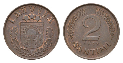 Латвия 2 сантима 1939 KM 11.2 бронза 4679-255