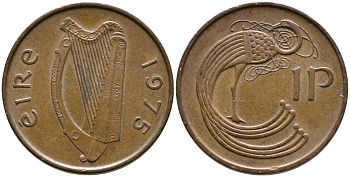 ИРЛАНДИЯ 1 ПЕННИ 1975 ПТИЧКА KM 20 бронза 4525-1117