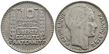 Франция 10 франков 1932 Пьер Тюрен KM 878, Le Franc 360.5 серебро 4683-1034