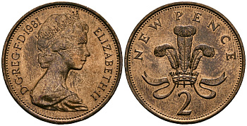 Великобритания 2 пенса 1981 Елизавета II (1952-2022) KM 916, Spink 4235 (C1) бронза 4381-1014