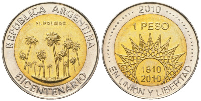 Аргентина 1 песо 2010 200 лет Аргентине - парк Эль-Палмар KM 156 биметалл UNC 4620-643
