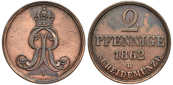 Брауншвейг-Каленберг-Ганновер 2 пфеннига 1862 B, Георг V (1851-1866) KM 234, AKS 153, J. 91 медь 4142-313