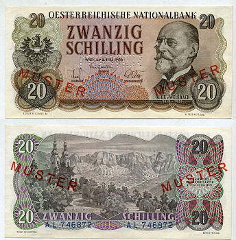 Австрия 20 шиллингов 1956 Карл Ауэр фон Вельсбах, образец - Specimen бумага UNC (пресс) 451-208-2