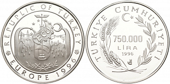 Турция 750000 лир 1996 экю, Европа 1996 KM 1046 серебро PROOF 11-039-14