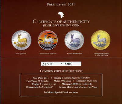 Малави набор из 4 монет по 50 квачей 2011 серия silver investment coin, prestige set, антилопа, SPRINGBOCK, позолота, цветная эмаль, голограмма, золочение, № 2854, в оригинальной коробке, с сертификатом  серебро  UNC  4-3-1-17