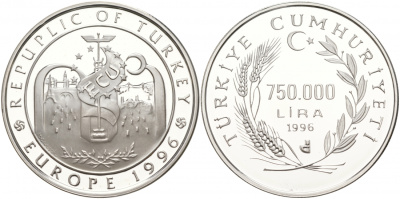 Турция 750000 лир 1996 экю, Европа 1996 KM 1046 серебро PROOF 11-039-14