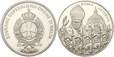 Мальтийский орден 10 лир 2005 Иоанн Павел II, гвардейцами  медно-никель  PROOF  11-207-34
