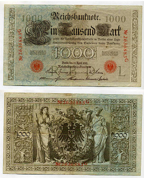 ГЕРМАНИЯ 1000 МАРОК 1910 КРАСНАЯ ПЕЧАТЬ, 7 ЦИФР В НОМЕРЕ Pick 44b бумага 6293-60-1