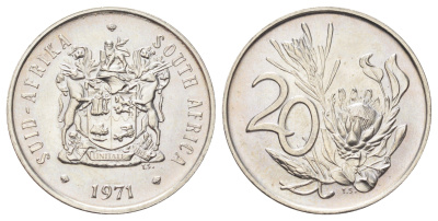 ЮАР 20 центов 1971 герб, цветок протея KM 86 никель UNC 4695-1057