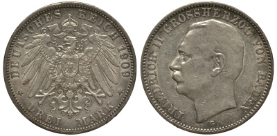 Баден 3 марки 1909 Фридрих II (1907-1918) J. 39, KM 280 серебро    3711-1634