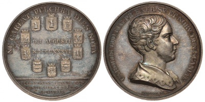 Швеция медаль 1836 на посещение Карлом XIV своего 10-ти летнего внука (в последствии Карла XV), 43,0 мм, 46,7 гр Hildebrand II, S. 453, 1 серебро aUNC 00-811-29