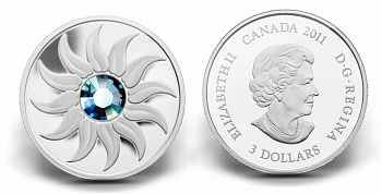 Канада 3 доллара 2011 на день рождения, март, камень месяца аквамарин KM NEW серебро PROOF 4-3-4-28