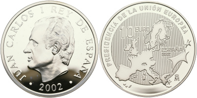 Испания 10 евро 2002 Председательство Испании в Евросоюзе, карта KM 1048 серебро PROOF 11-256-35