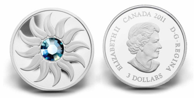 Канада 3 доллара 2011 на день рождения, март, камень месяца аквамарин KM NEW серебро PROOF 4-3-4-28