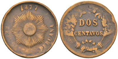 Перу 2 сентаво 1877 KM 188.1a бронза 4582-1025