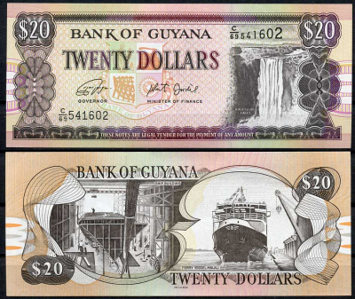 Гайана 20 долларов ND (1996-2018) водопад Кайетур, судостроение, паромное судно "Малали" Pick 30 g  бумага  UNC (пресс) 447-36-2-2