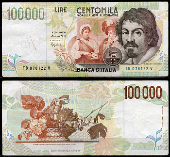 Италия 100000 лир 1994 Караваджо, фруктовая корзина, Fazio, Speziali Pick 117 a  бумага   8615-7-2-1