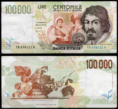 Италия 100000 лир 1994 Караваджо, фруктовая корзина, Fazio, Speziali Pick 117 a  бумага   8615-7-2-1