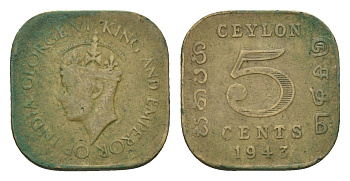 Цейлон 5 центов 1942 Георг VI (1936-1952) KM 113.1 никель латунь 4685-912
