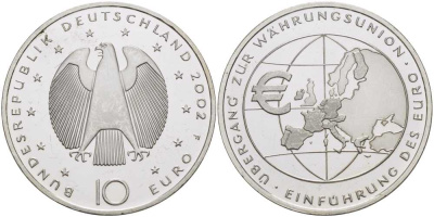 ФРГ 10 евро 2002 F, введение европейской валюты KM 215, DE.S. 10.1 серебро PROOF 1076-6-21