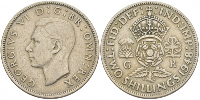 Великобритания 2 шиллинга (флорин) 1948 Георг VI (1936-1952) KM 865, Spink 4102 медно-никель 215-422
