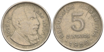 Аргентина 5 сентаво 1956 генерал Хосе де Сан Мартин KM 50, Schon 49a.2 сталь плакированная никелем    4609-1157