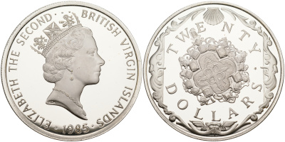 Британские Виргинские острова 20 долларов 1985 золотой крест KM 69 серебро  PROOF  1095-2-34