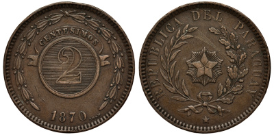 Парагвай 2 сентесимо 1870 KM 3 медь 4380-732