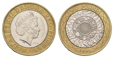Великобритания 2 фунта 1998 Елизавета II (1952-2022) KM 994, Spink 4570 (K9) биметалл aUNC 77-814