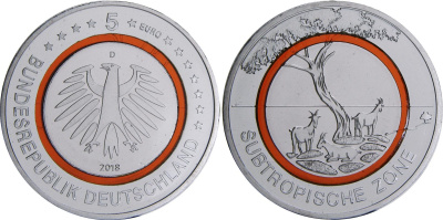 ФРГ 5 евро 2018 A, D, F, G, J субтропическая зона земли, полный комплект монетных дворов, в оригинальной упаковке KM 370 биметалл  PROOF  1-3-1-06