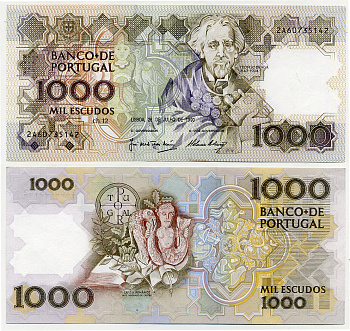 ПОРТУГАЛИЯ 1000 ЭСКУДО 1990 26 ИЮЛЯ 1990, 2 АВГУСТА 1983, ТЕОФИЛ БРАГА, МУЗЕЙНЫЙ АРТЕФАКТЫ Pick 181g бумага aUNC 8564-9-2