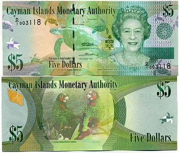 Каймановы острова 5 долларов 2010 Елизавета II (1952-2022), черепаха, серия D/1 Pick 39 a бумага UNC (пресс) 449-13-2