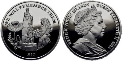 Британские Виргинские острова 10 долларов 2014 в память героев первой мировой войны, памятник KM NEW серебро  PROOF 1071-1-21