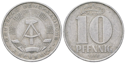 ГДР 10 пфеннигов 1968 A KM 10 алюминий 201-847