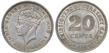 Британская Малайя 20 центов 1939 Георг VI (1937-1952) KM 5 серебро 53-413