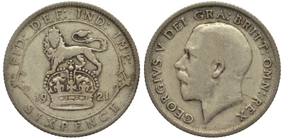 Великобритания 6 пенсов 1921 Георг V (1910-1936) KM 815а.1, Spink 4024 серебро 4539-115