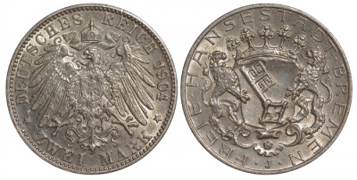 Бремен 2 марки 1904 J, Weege 59, J. 59, KM 250 серебро 00-815-70