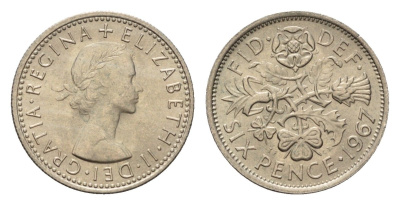 Великобритания 6 пенсов 1967 Елизавета II (1952-2022) KM 903, Spink 4149 медно-никель 4655-312