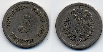 ГЕРМАНИЯ 5 ПФЕННИГОВ 1876 A, СТАРОГЕРБОВКА KM 3, J.3 медно-никель 51-3752