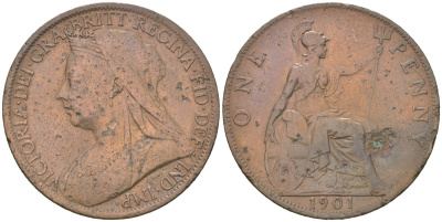 Великобритания 1 пенни 1901 Виктория (1837-1901) KM 790, Spink 3961 бронза 221-1225