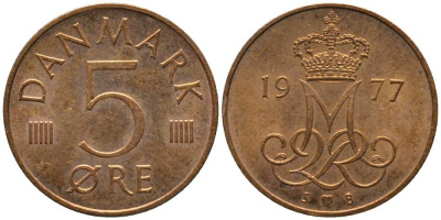 ДАНИЯ 5 ЭРЕ 1977 S; B, МАРГРЕТЕ II (1972-) KM 859.1 железо плакированное медью 116-154