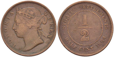 Стрейтс-Сетлментс 1/2 цента 1884 Виктория (1837-1901) KM 8a бронза 441-922