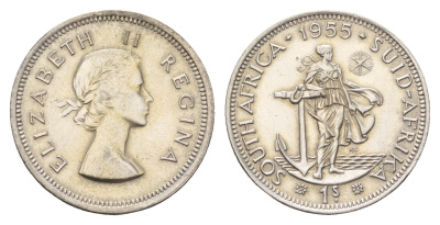 ЮАР 1 шиллинг 1955 Елизавета II (1952-2022) KM 49 серебро 4678-225