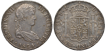 Боливия 8 реалов 1824 PJ Фердинанд VIII, KM 84, Cayon 16096, CCT 543 серебро 00-805-40