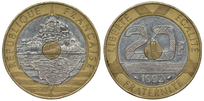 Франция 20 франков 1992 Мон-Сен-Мишель KM 1008.2, Le Franc 403.3 триметалл 4123-711